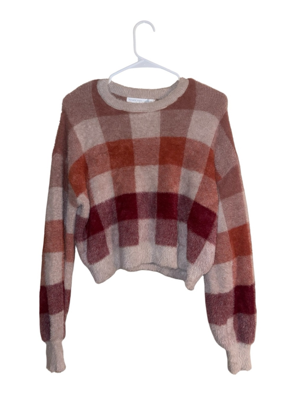 Altar'd State Fuzzy Plaid Cropped Sweater M Eyelash Knit Checkered Warm Boho